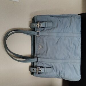 Authentic Prada Sky Blue Tote Bag With Silver Buckle